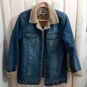 Old Navy Sherpa Lined Trucker Jean Jacket Metal Buttons Size Medium Deni…